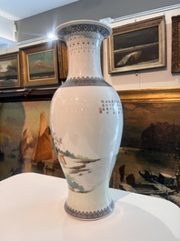 Two Chinese famille rose vases with animated scenes in a palace garden, Qianlong marks, Republic, 20th C.
