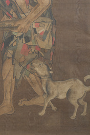 Chinese school: A blind beggar with a dog, ink and colours on silk, probably Ming