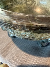 A Chinese tripod green jade 'dragon heads' incense burner, 20th C.