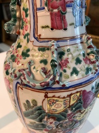 Three Chinese Canton famille rose 'warrior and palace scenes' vases, 19th C.
