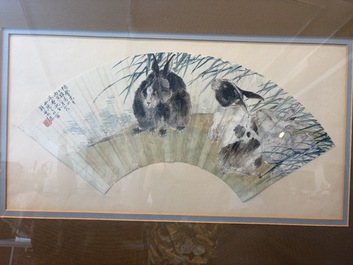 Chinese school: A 'rabbits in a landscape' fan, ink and colours on paper, 19th/20th C.
