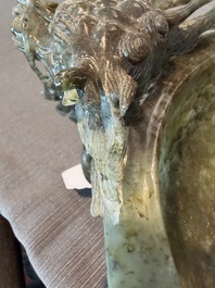 A Chinese tripod green jade 'dragon heads' incense burner, 20th C.