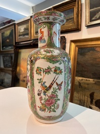 Three Chinese Canton famille rose 'warrior and palace scenes' vases, 19th C.