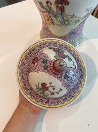 Two Chinese famille rose vases with animated scenes in a palace garden, Qianlong marks, Republic, 20th C.
