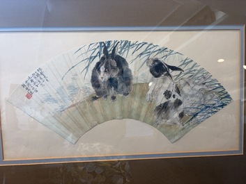 Chinese school: A 'rabbits in a landscape' fan, ink and colours on paper, 19th/20th C.