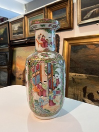 Three Chinese Canton famille rose 'warrior and palace scenes' vases, 19th C.