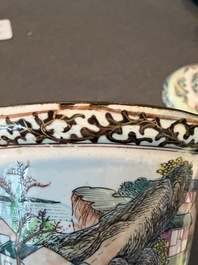 A Chinese Canton enamel bowl and cover, a patipan and a saucer with figures in a landscape, 19th C.