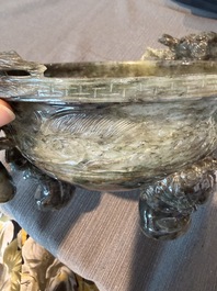 A Chinese tripod green jade 'dragon heads' incense burner, 20th C.