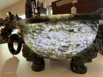 A Chinese tripod green jade 'dragon heads' incense burner, 20th C.