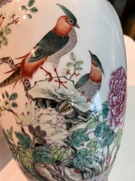 Three Chinese famille rose vases with palace scenes and birds among blossoming branches, Qianlong marks, Republic, 20th C.