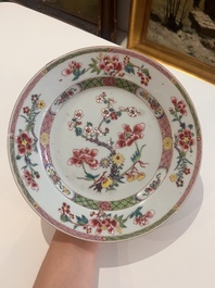 Seven Chinese famille rose plates with floral design and mythical animals, Yongzheng/Qianlong