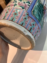 Three Chinese Canton famille rose 'warrior and palace scenes' vases, 19th C.