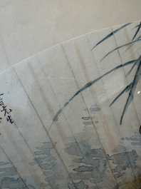 Chinese school: A 'rabbits in a landscape' fan, ink and colours on paper, 19th/20th C.
