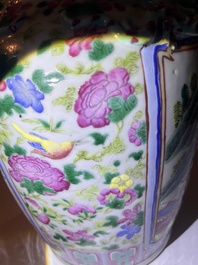 Three Chinese Canton famille rose 'warrior and palace scenes' vases, 19th C.