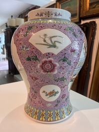 Two Chinese famille rose vases with animated scenes in a palace garden, Qianlong marks, Republic, 20th C.