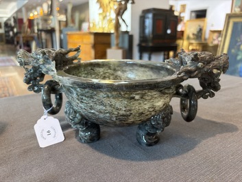 A Chinese tripod green jade 'dragon heads' incense burner, 20th C.