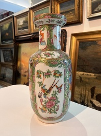 Three Chinese Canton famille rose 'warrior and palace scenes' vases, 19th C.