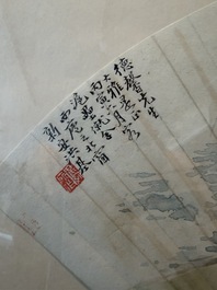 Chinese school: A 'rabbits in a landscape' fan, ink and colours on paper, 19th/20th C.