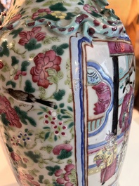 Three Chinese Canton famille rose 'warrior and palace scenes' vases, 19th C.