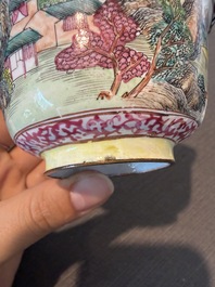 A Chinese Canton enamel bowl and cover, a patipan and a saucer with figures in a landscape, 19th C.