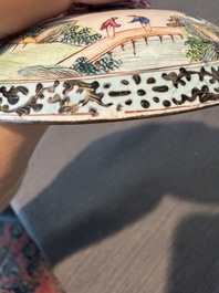 A Chinese Canton enamel bowl and cover, a patipan and a saucer with figures in a landscape, 19th C.