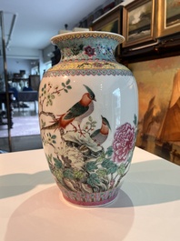 Three Chinese famille rose vases with palace scenes and birds among blossoming branches, Qianlong marks, Republic, 20th C.