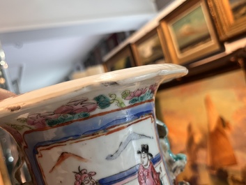 Three Chinese Canton famille rose 'warrior and palace scenes' vases, 19th C.