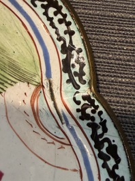 A Chinese Canton enamel bowl and cover, a patipan and a saucer with figures in a landscape, 19th C.