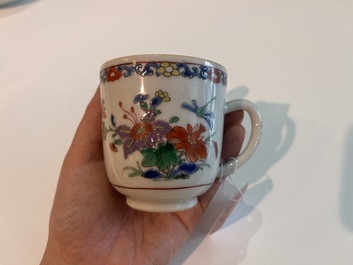 Two Chinese famille verte cups and saucers with floral design, Qianlong