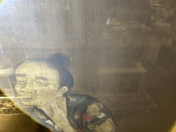 Chinese school: A blind beggar with a dog, ink and colours on silk, probably Ming