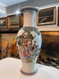 Two Chinese famille rose vases with animated scenes in a palace garden, Qianlong marks, Republic, 20th C.