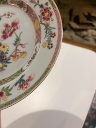 Seven Chinese famille rose plates with floral design and mythical animals, Yongzheng/Qianlong