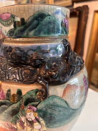 A Chinese Nanking crackle glazed famille rose 'warrior' vase and cover, a tea caddy and an Imari style teapot and cover, 18th/19th C.