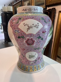 Two Chinese famille rose vases with animated scenes in a palace garden, Qianlong marks, Republic, 20th C.