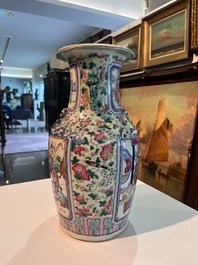 Three Chinese Canton famille rose 'warrior and palace scenes' vases, 19th C.