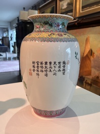 Three Chinese famille rose vases with palace scenes and birds among blossoming branches, Qianlong marks, Republic, 20th C.
