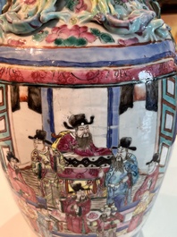 Three Chinese Canton famille rose 'warrior and palace scenes' vases, 19th C.