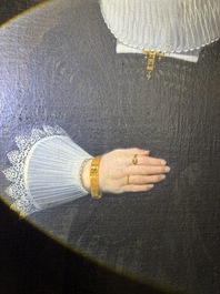 Flemish school: Portrait of Marie Elias de Dixmude, wife of Laurent Thibault, oil on canvas marouflated on board, 17th C.