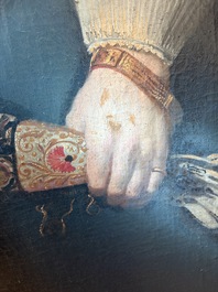 Flemish school: Portrait of Marie Elias de Dixmude, wife of Laurent Thibault, oil on canvas marouflated on board, 17th C.