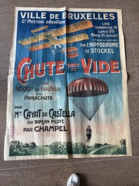An exceptional poster promoting the (fatal) parachute jump of Lucienne 'Cayat de Castella' Blaise, Courbet &amp; Cie, (1914)