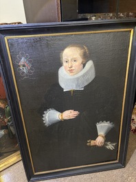 Flemish school: Portrait of Marie Elias de Dixmude, wife of Laurent Thibault, oil on canvas marouflated on board, 17th C.