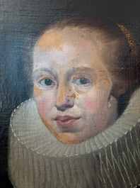 Flemish school: Portrait of Marie Elias de Dixmude, wife of Laurent Thibault, oil on canvas marouflated on board, 17th C.