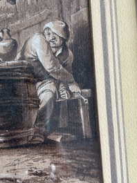 Ferdinand von Kobell (1740-1799): Peasants making merry in a tavern, washed ink drawing on paper