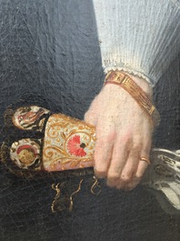 Flemish school: Portrait of Marie Elias de Dixmude, wife of Laurent Thibault, oil on canvas marouflated on board, 17th C.