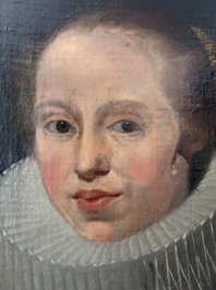 Flemish school: Portrait of Marie Elias de Dixmude, wife of Laurent Thibault, oil on canvas marouflated on board, 17th C.