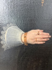 Flemish school: Portrait of Marie Elias de Dixmude, wife of Laurent Thibault, oil on canvas marouflated on board, 17th C.