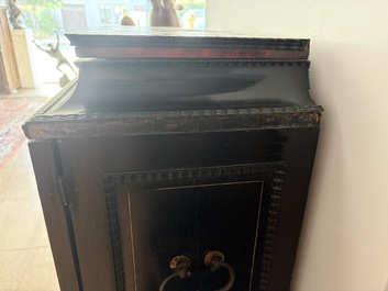 An ebonized wooden and tortoiseshell-veneered Antwerp cabinet on stand, 17th C. and later