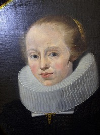 Flemish school: Portrait of Marie Elias de Dixmude, wife of Laurent Thibault, oil on canvas marouflated on board, 17th C.
