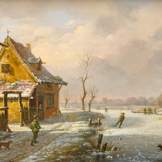 Henri Voordecker (1779-1861): Patineurs dans un paysage hivernal avec un moulin à vent, huile sur panneau, daté 1847