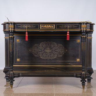 A French Historicism gilt bronze mounted brass marquetry ebonized wooden wall console, 19th C.